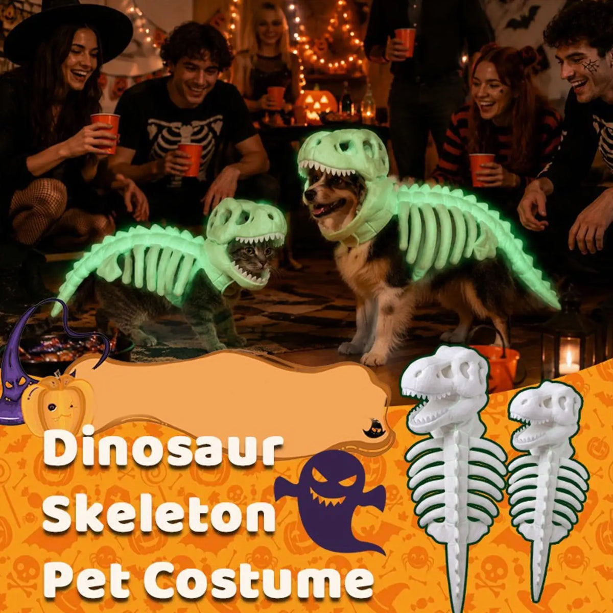 Pet cat dinosaur skeleton Dogs pet role-playing costumes Halloween Glow in Dark Outfits holiday photos props for Home Apartment
